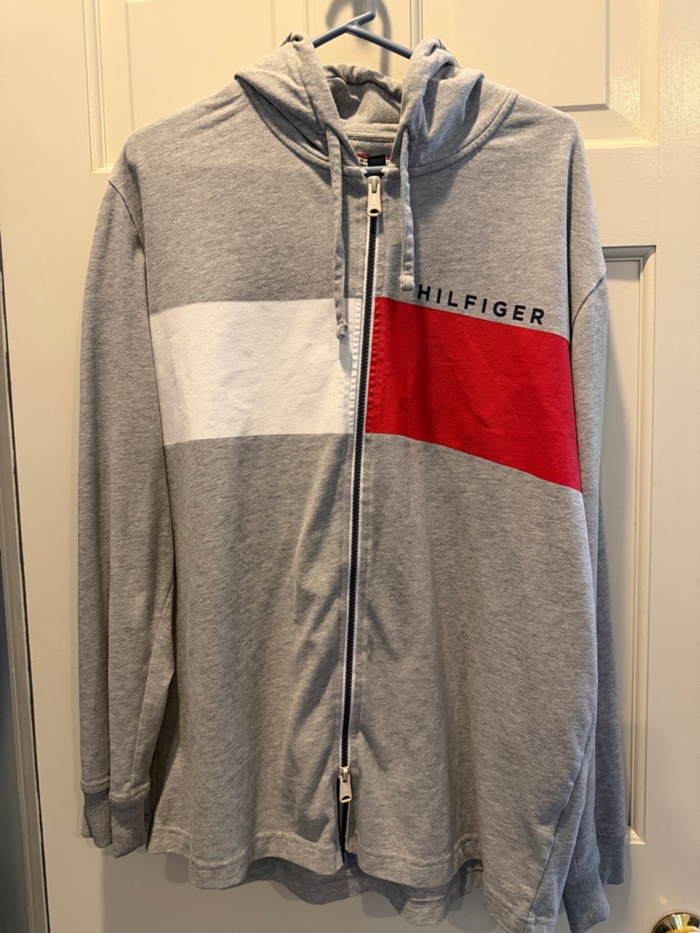 Tommy Hilfiger Grey Zip Hoodie with White and Red Panels